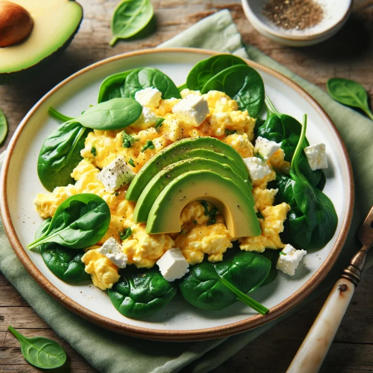 Scrambled Eggs with Spinach and Feta, topped with Avocado slices.