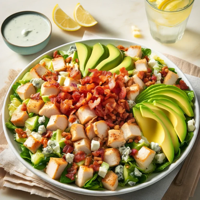 Cobb Salad with Chicken, Bacon, Blue Cheese, Avocado, and a Creamy Ranch Dressing.