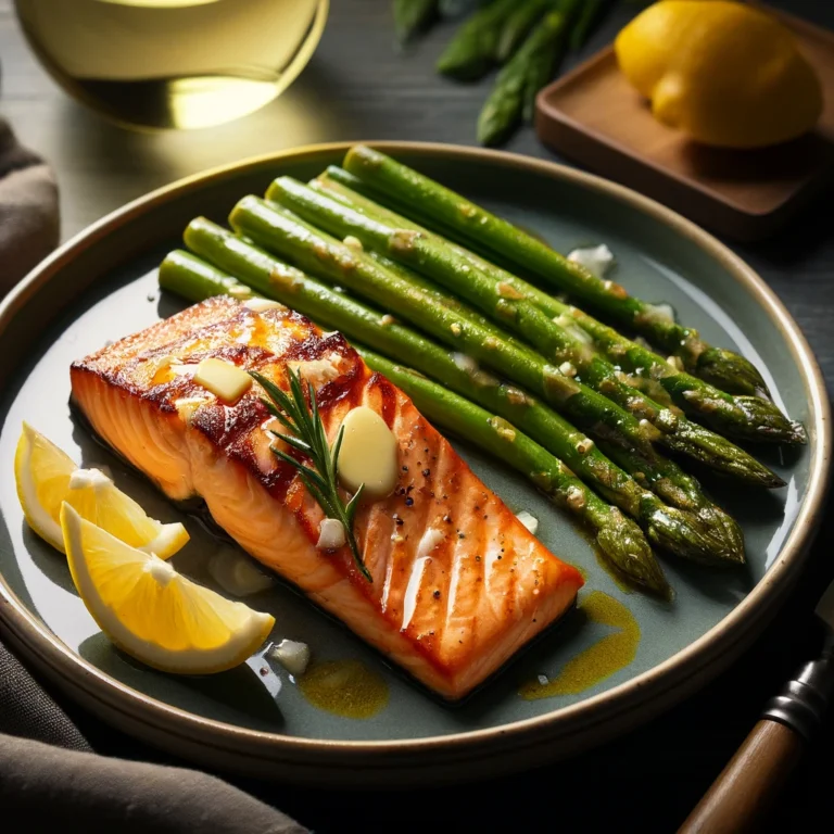 Grilled Salmon with a side of Asparagus cooked in Butter.